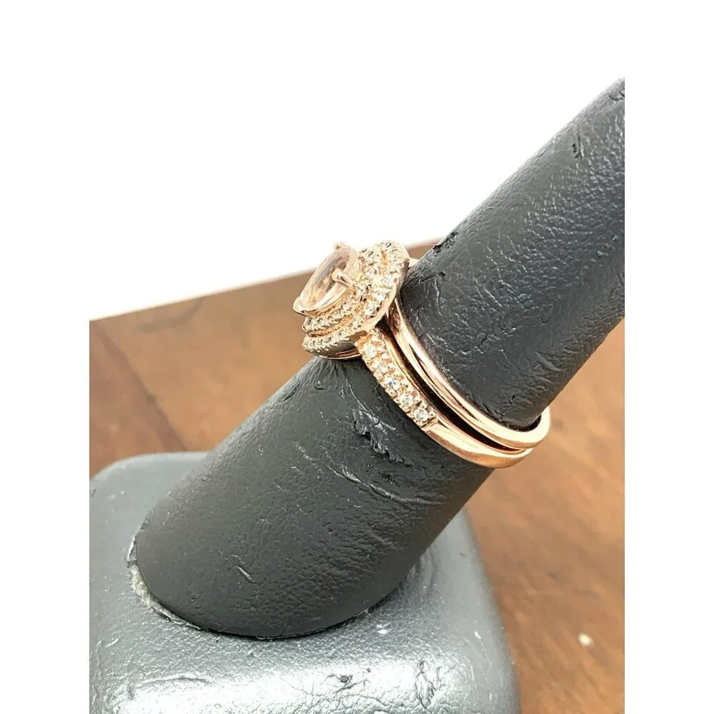 Wedding Set Pear Morganite Diamond 14k Rose Gold Engagement Ring Band Size 7